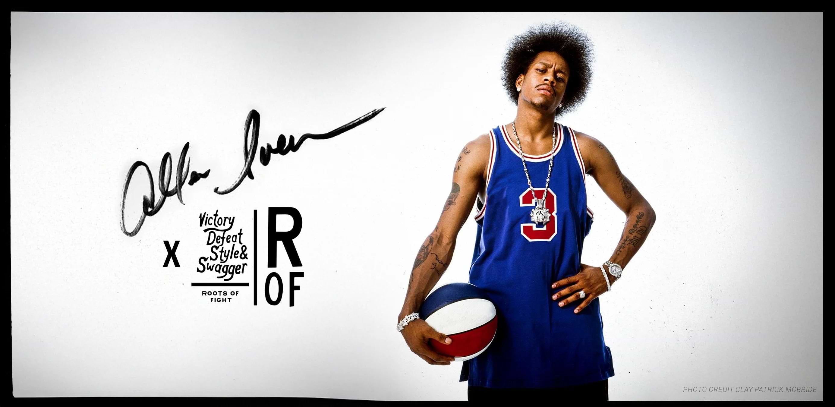 Person in a blue jersey holding a basketball, with text and signature on a white background.