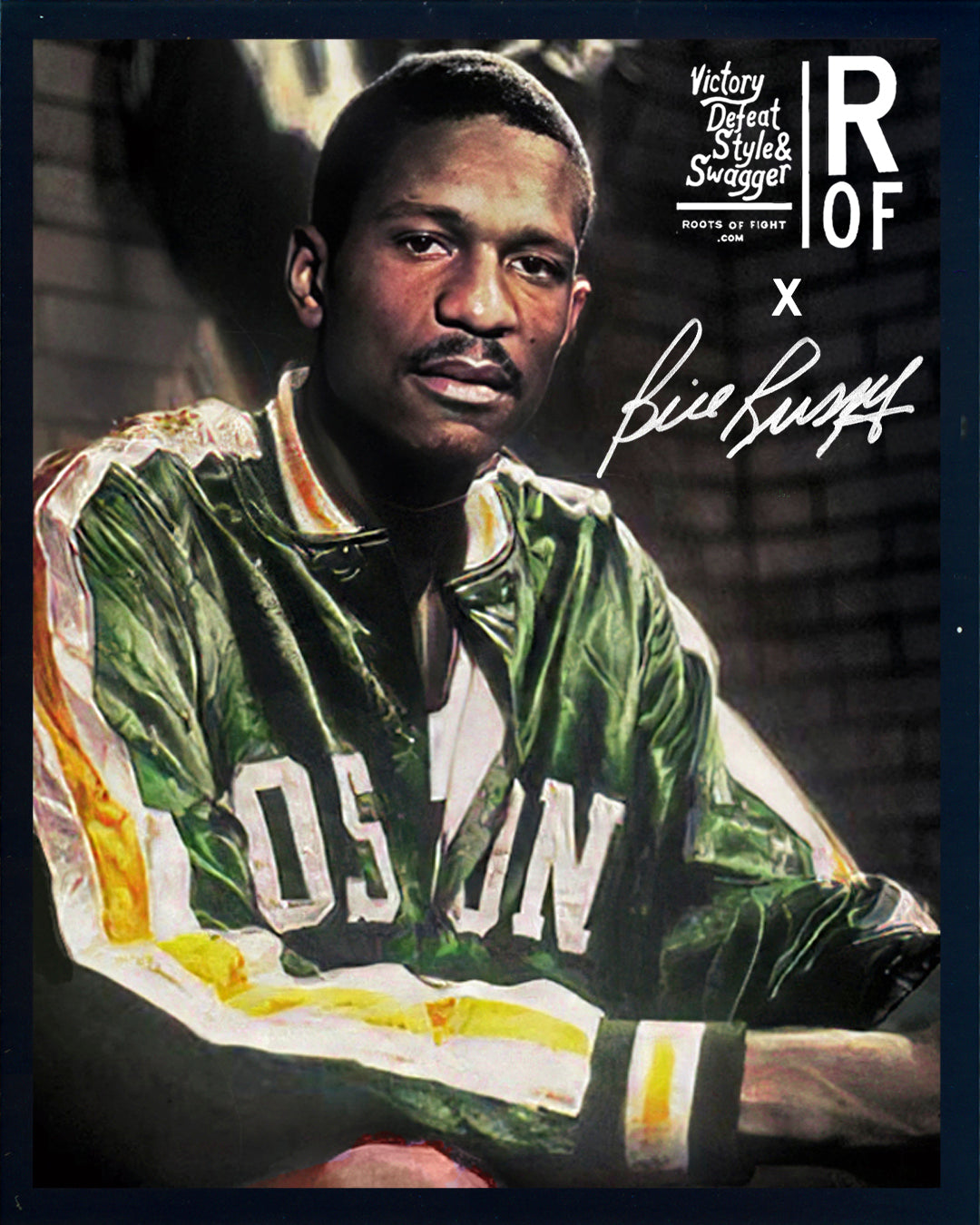A person wearing a green jacket features in a vintage-style photograph with stylized text and signature.
