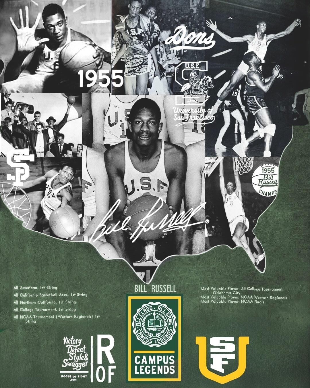 Collage of a historic basketball player from University of San Francisco, featuring 1955 achievements.