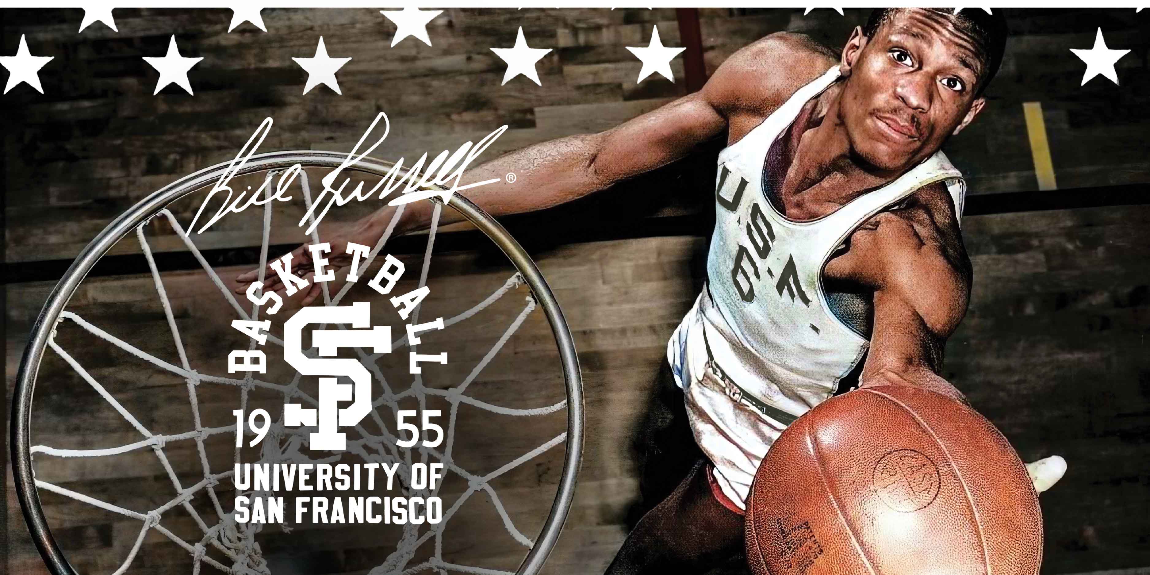 Basketball player dunking, featuring University of San Francisco logo and vintage design elements.