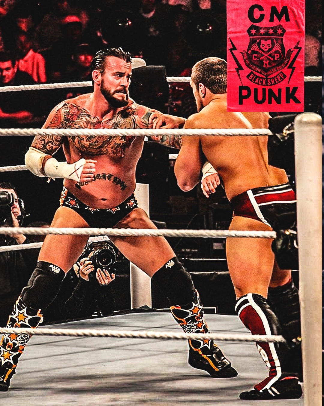 CM Punk engaged in a match inside a ring, with an audience and a photographer in the background