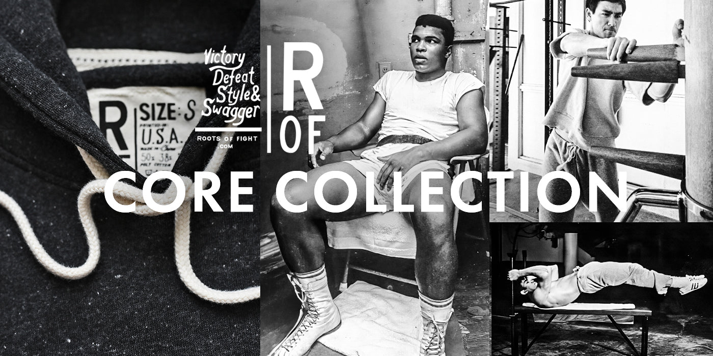 Black and white collage of Muhammad Ali and Bruce Lee training, featuring 'Core Collection' text