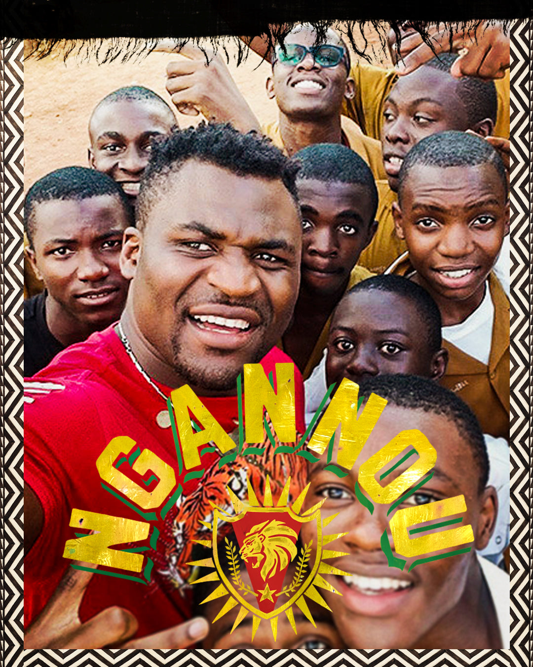 A group of smiling individuals taking a selfie, with the word 'NGANNOU' and a lion emblem overlay.