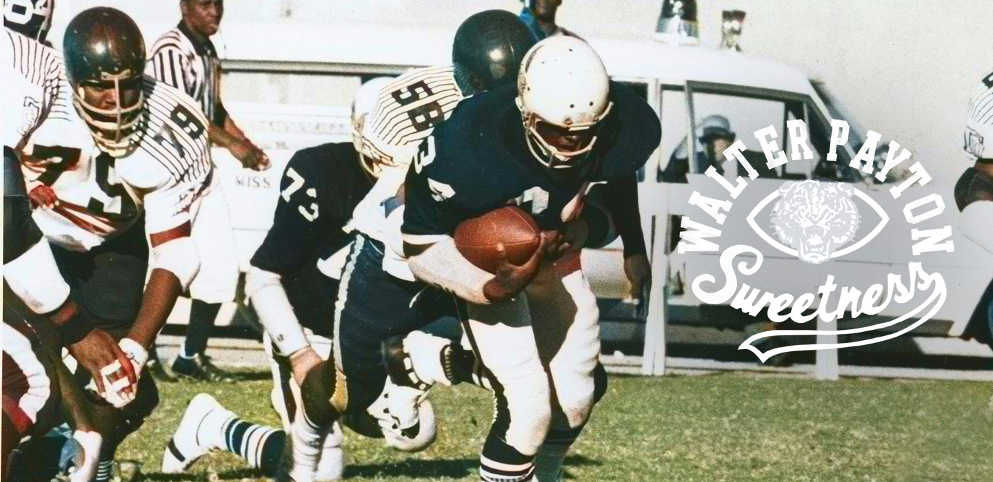 Football player running with ball, pursued by opponent; 'Walter Payton Sweetness' overlay.