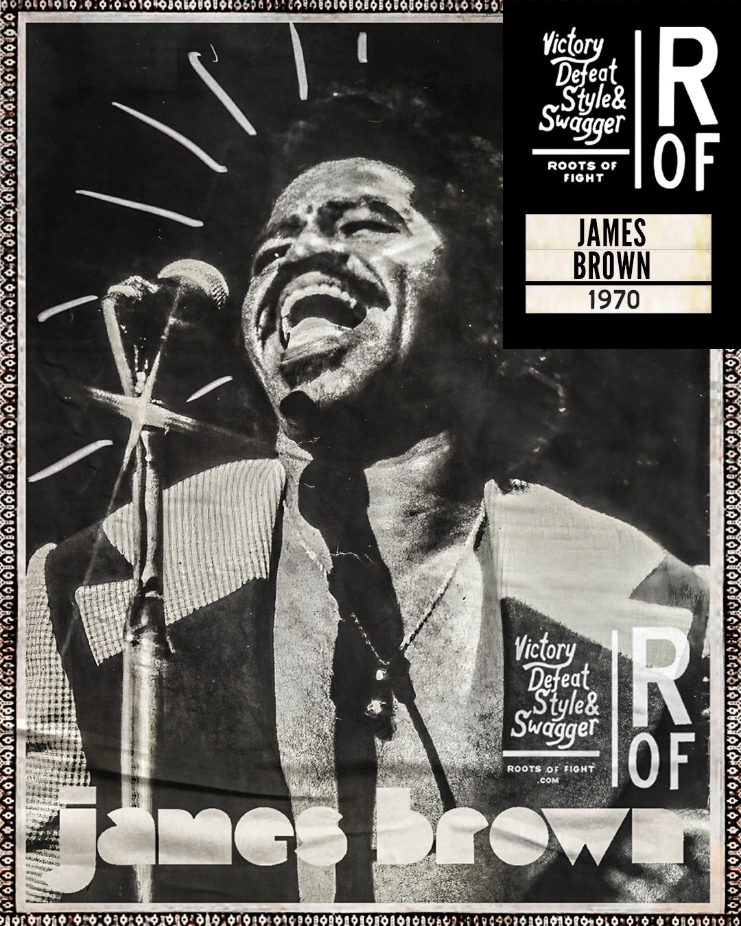 Black and white image of James Brown singing with text 'James Brown 1970'.