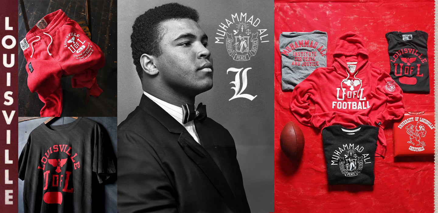Clothing featuring Louisville and Muhammad Ali themes, including hoodies and shirts, displayed with a vintage photo.