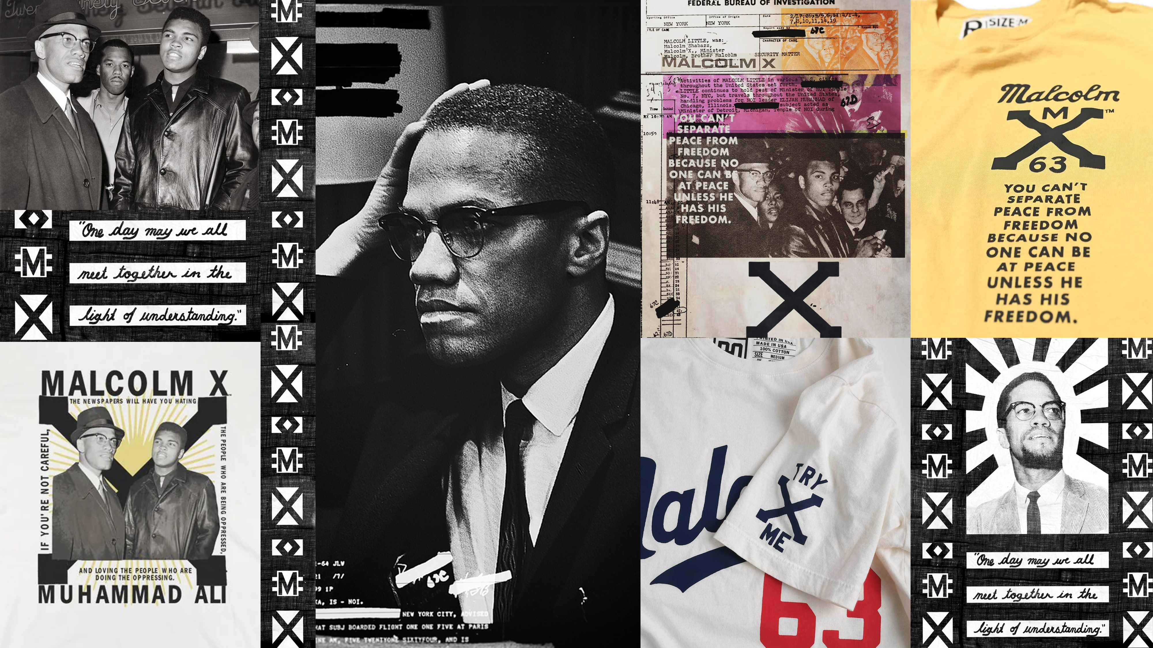 Collage honoring Malcolm X with quotes and apparel designs.