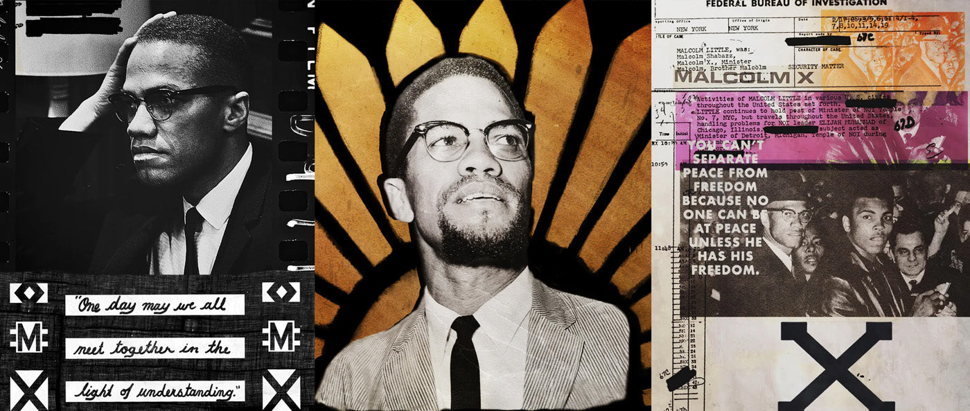 Collage featuring Malcolm X with quotes and FBI documents.