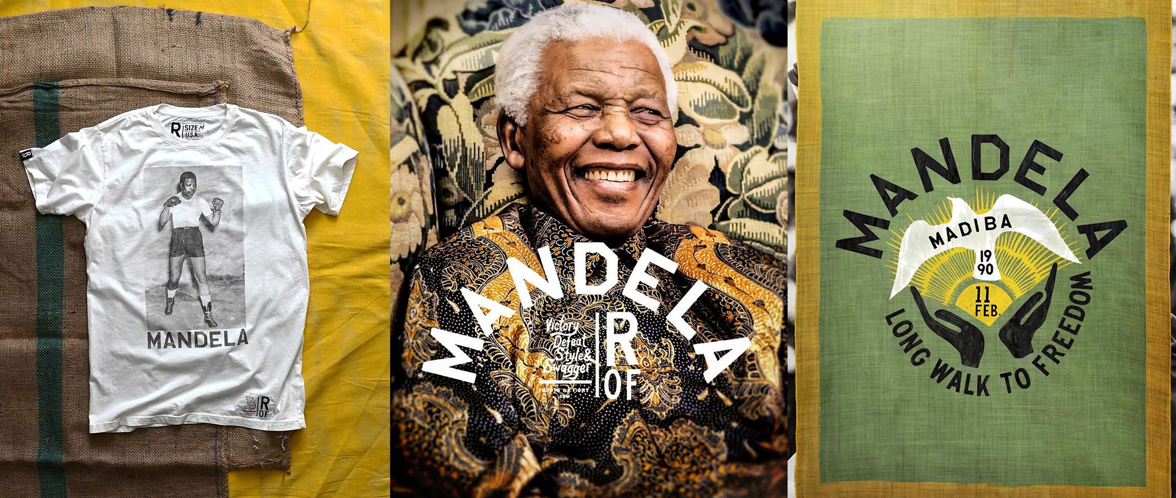Collage of Mandela-themed t-shirt, portrait, and fabric art.