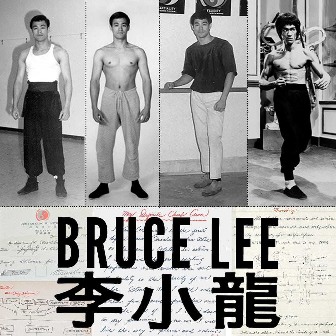 Black-and-white images of Bruce Lee at different stages, with handwritten notes and 'BRUCE LEE' text.