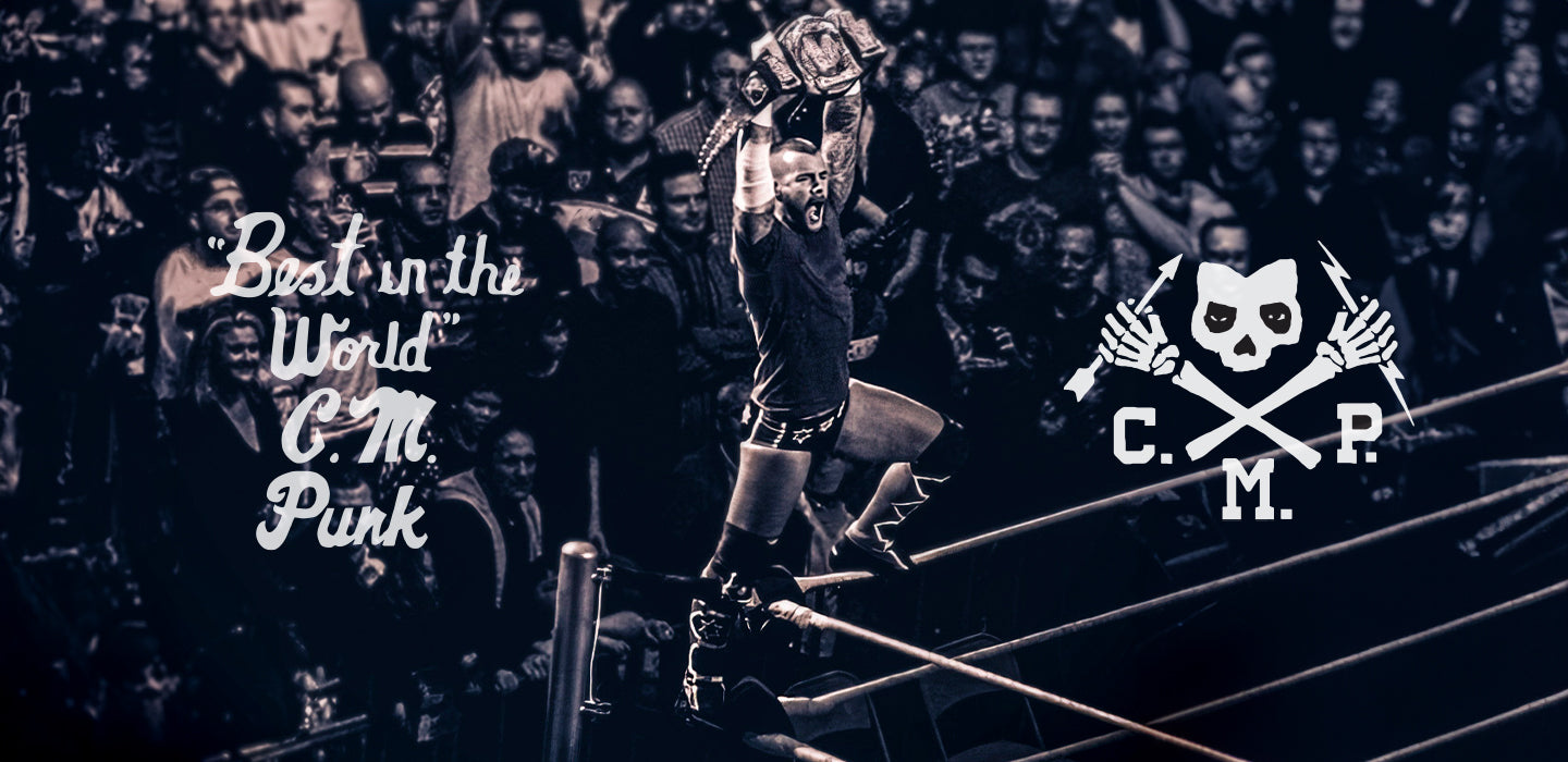 CM Punk holding championship belt with 'Best in the World' banner and skull logo in front of cheering crowd