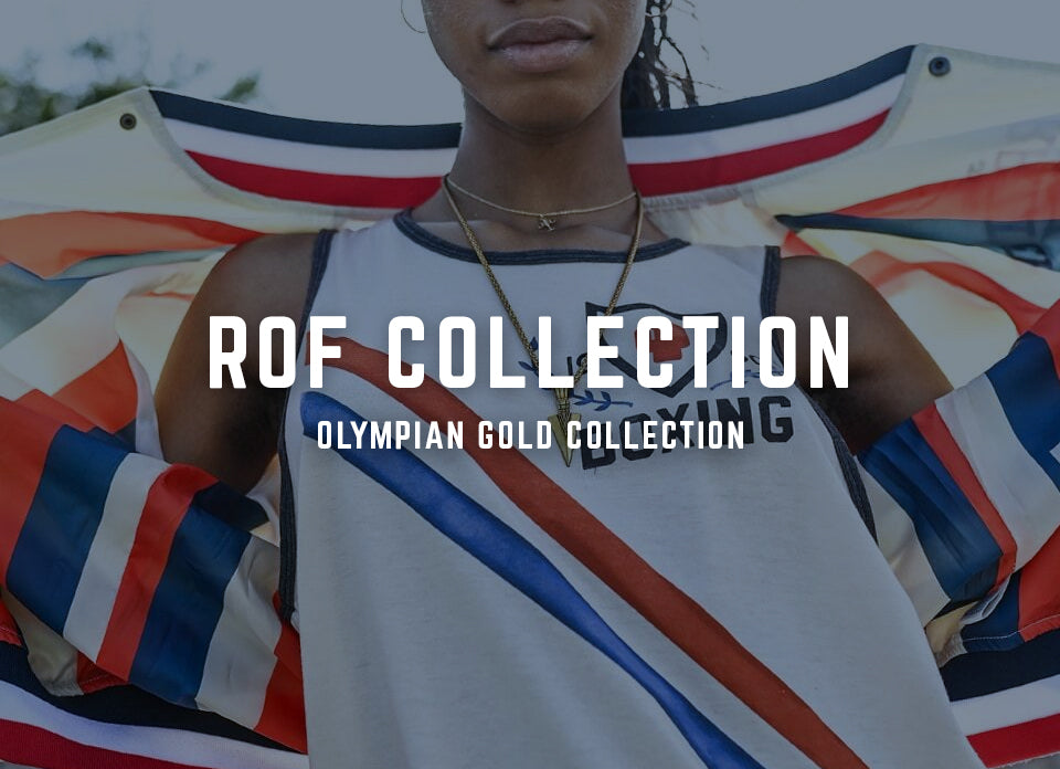 Close-up of person in athletic wear with text 'ROF Collection Olympian Gold Collection.'