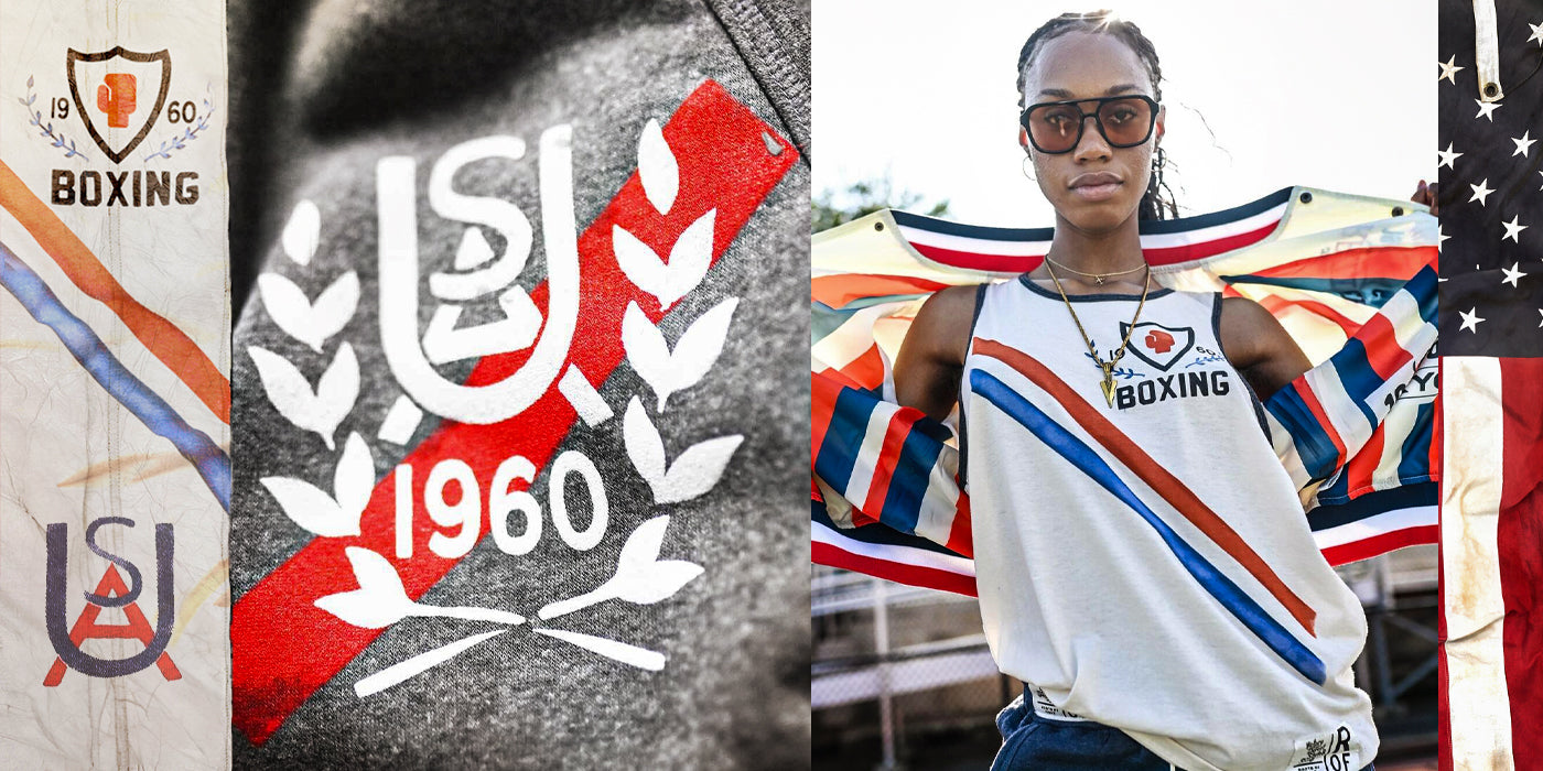 Collage of retro boxing apparel featuring colorful stripes, USA and boxing logos, and an athlete wearing a vintage-style top.