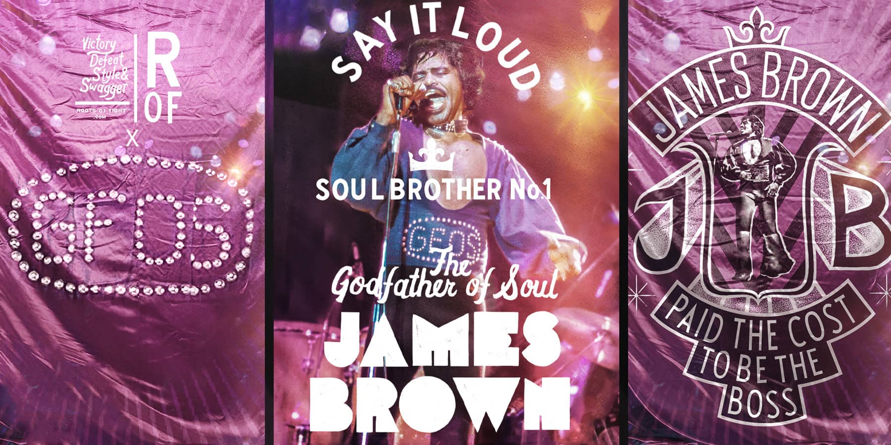 Singer performing on stage with 'Godfather of Soul' text and logos on a vibrant backdrop.