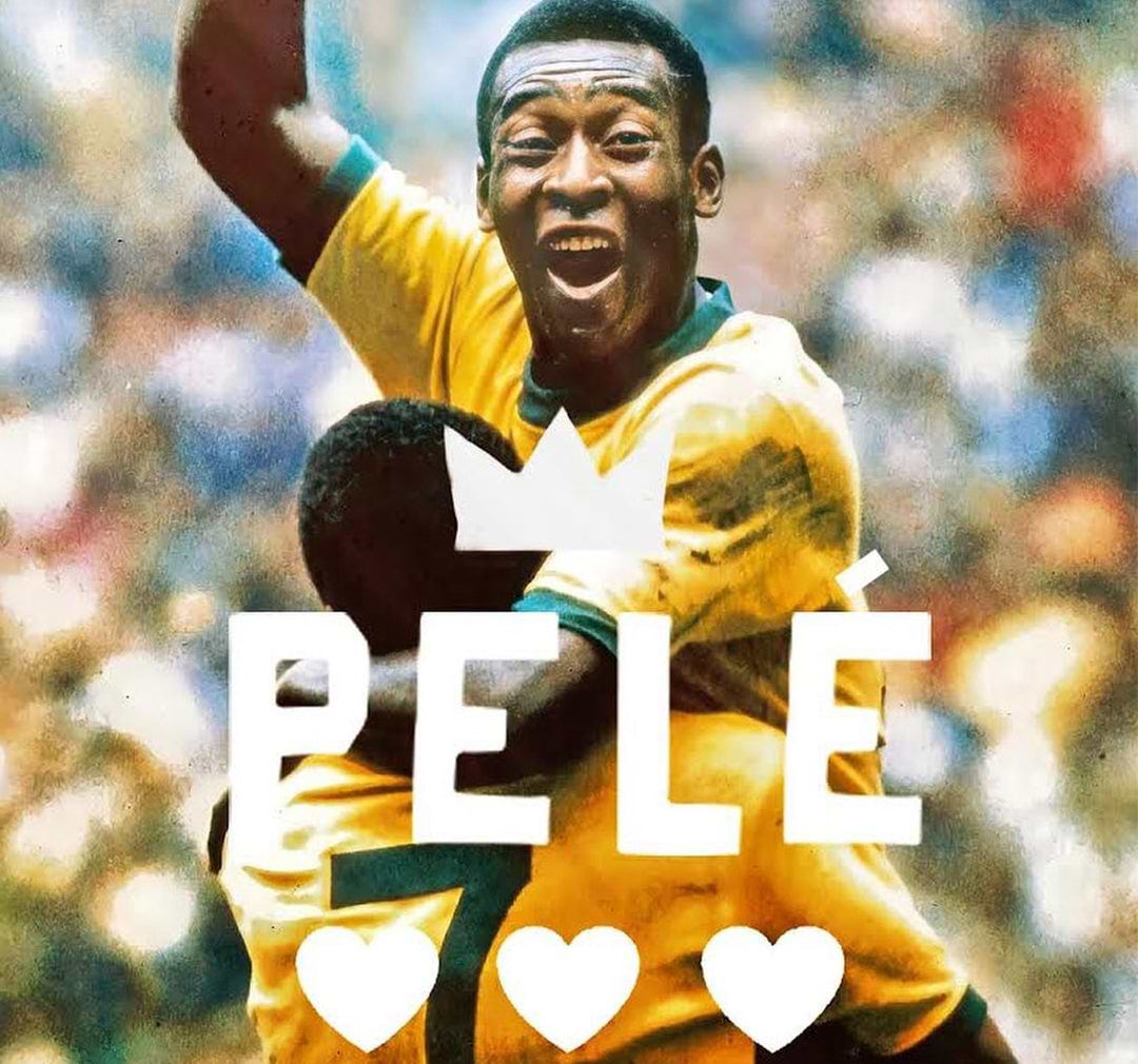 Historic soccer player in a yellow jersey celebrating, with 'Pelé' text and crown graphic overlaid.