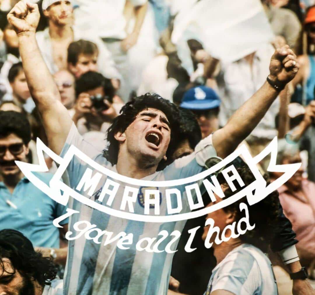 A footballer celebrates passionately with a crowd and the words 'Maradona: I gave all I had' overlayed.