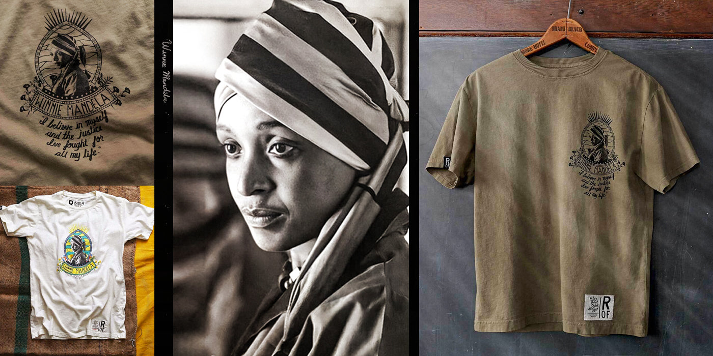T-shirt designs featuring a monochrome portrait with a motivational quote, displayed alongside a historical figure's image.