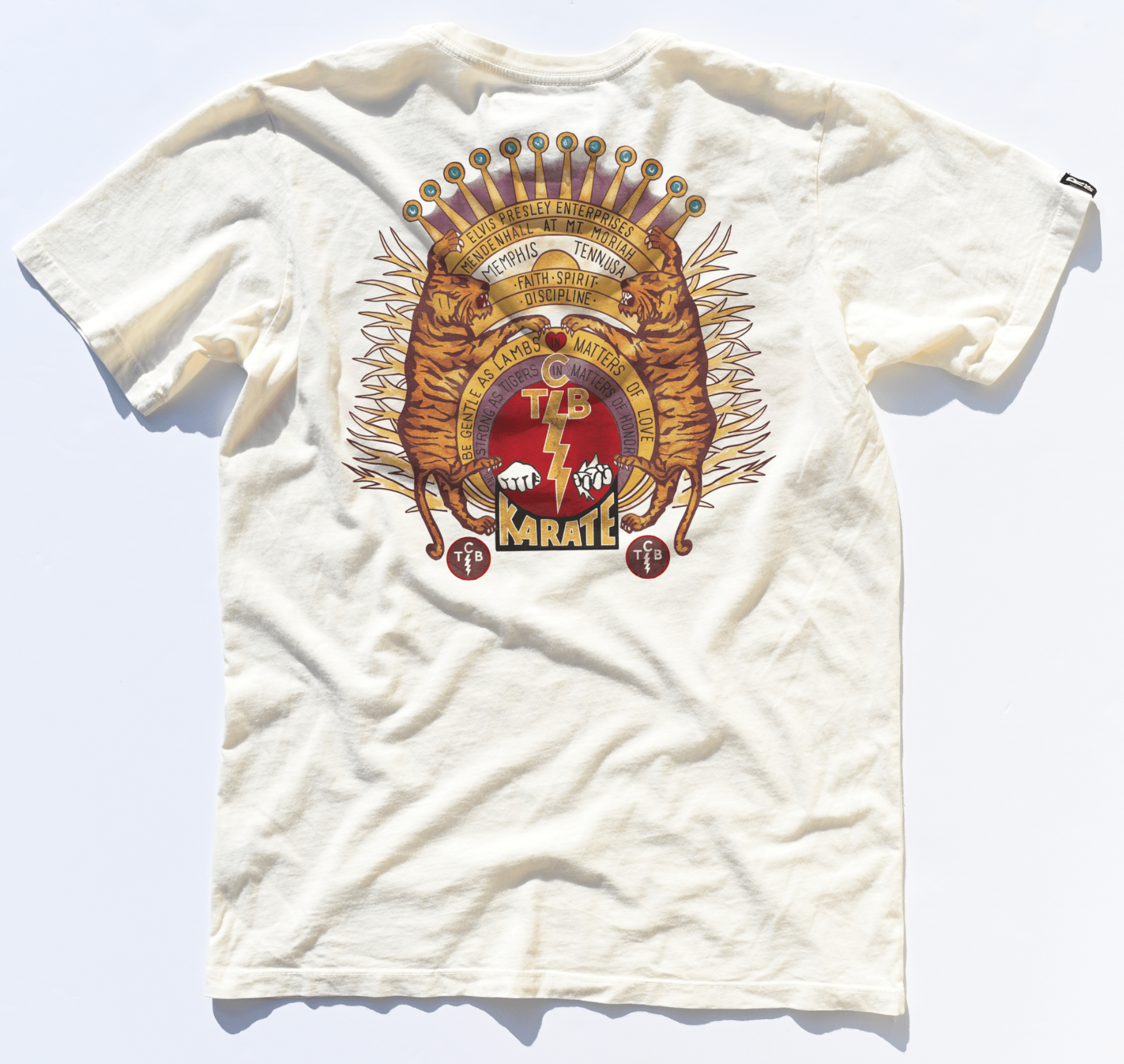 Elvis TCB Tiger Crest Vintage White Tee - Roots of Fight Canada
