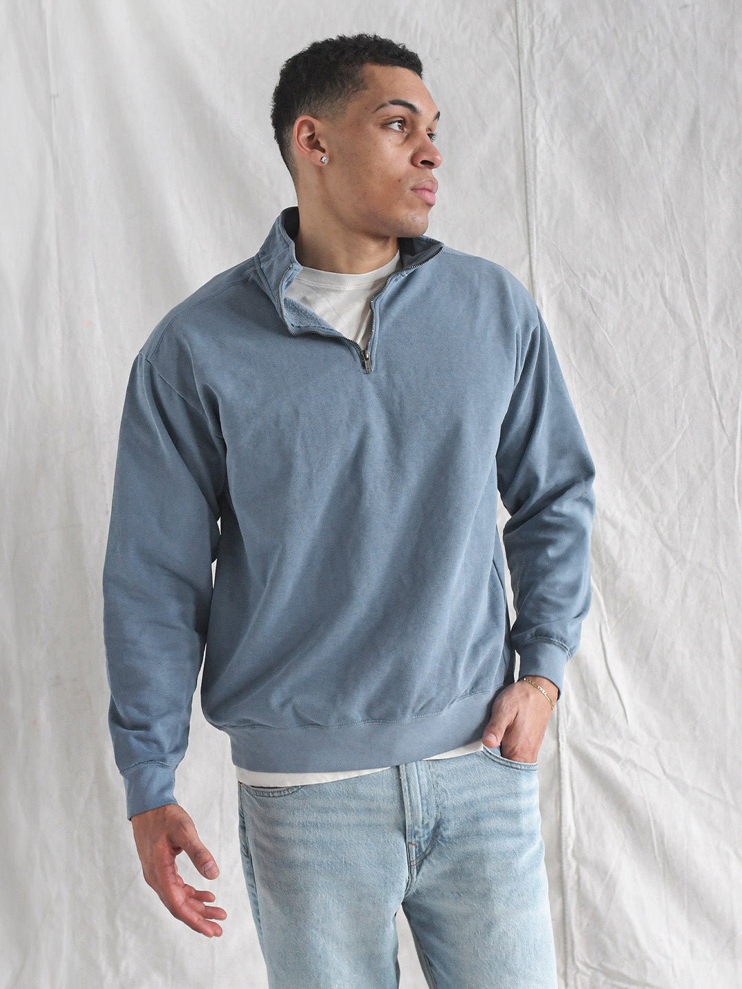 Premium Midweight Quarter - Zip Vintage Denim Sweatshirt - Roots of Fight Canada