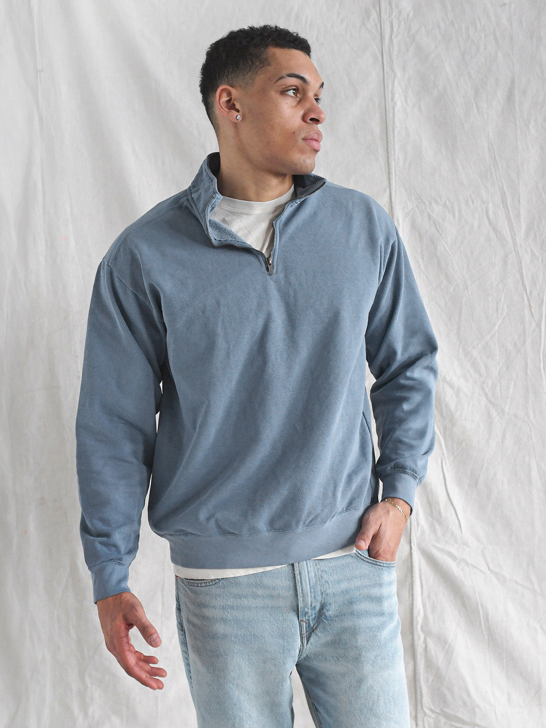 Premium Midweight Quarter-Zip Vintage Denim Sweatshirt