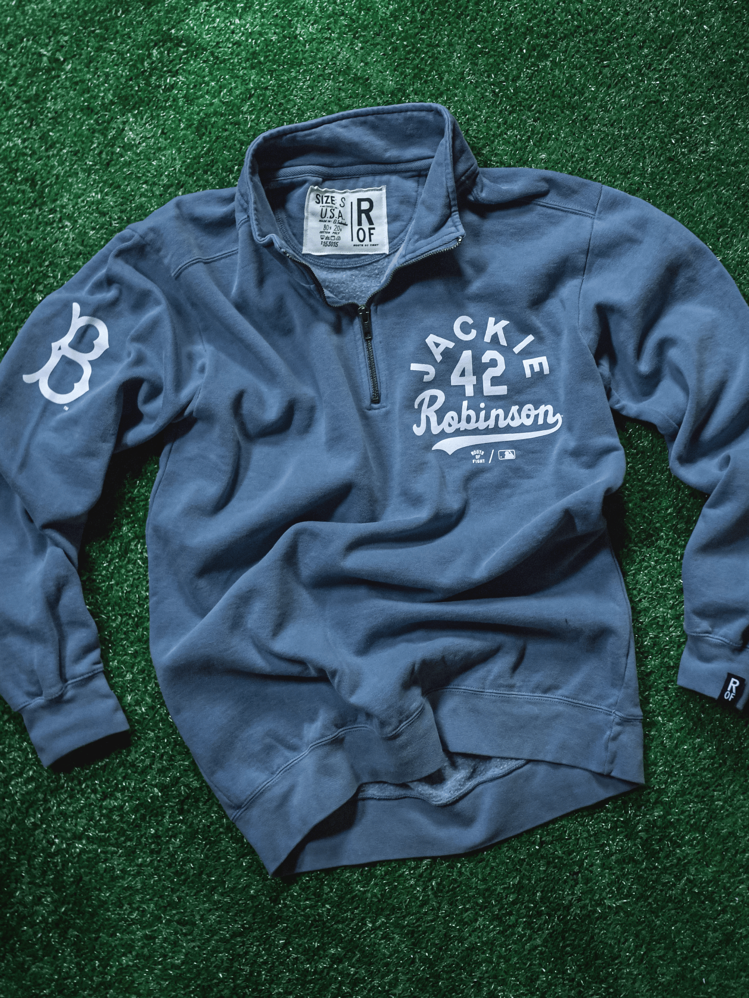 BKN Dodgers Jackie Robinson Denim QZ Sweatshirt - Roots of Fight