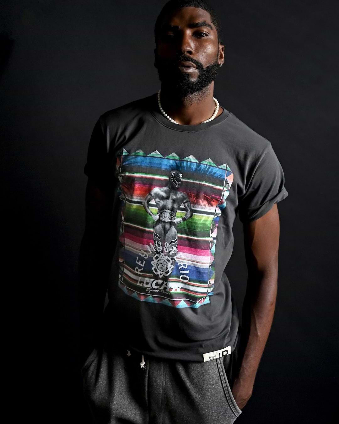 Rey Mysterio Serape Photo Black Tee - Roots of Fight