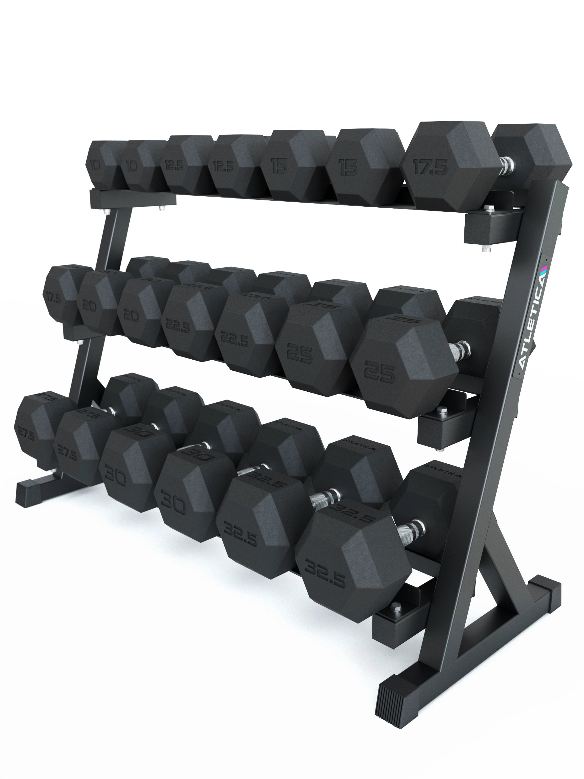 Hexagon Kurzhanteln 10-32,5 kg auf einer stabilen Kurzhantelablage 