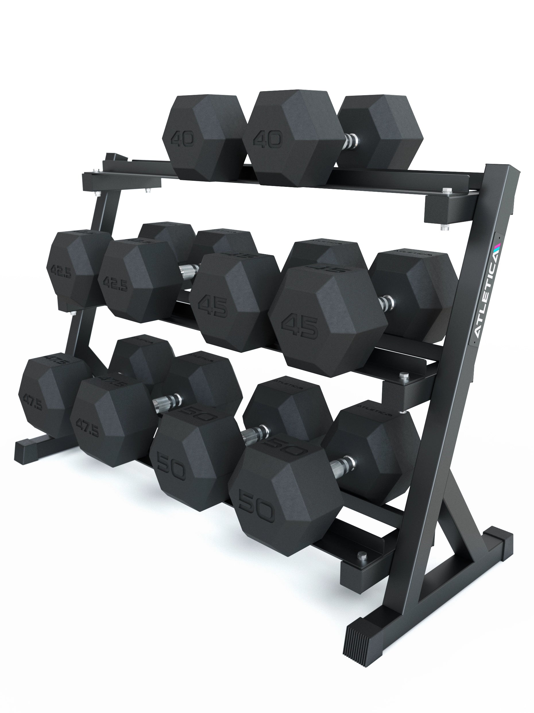 Hexagon Kurzhanteln Set 40-50 kg auf Kurzhantelablage von Atletica