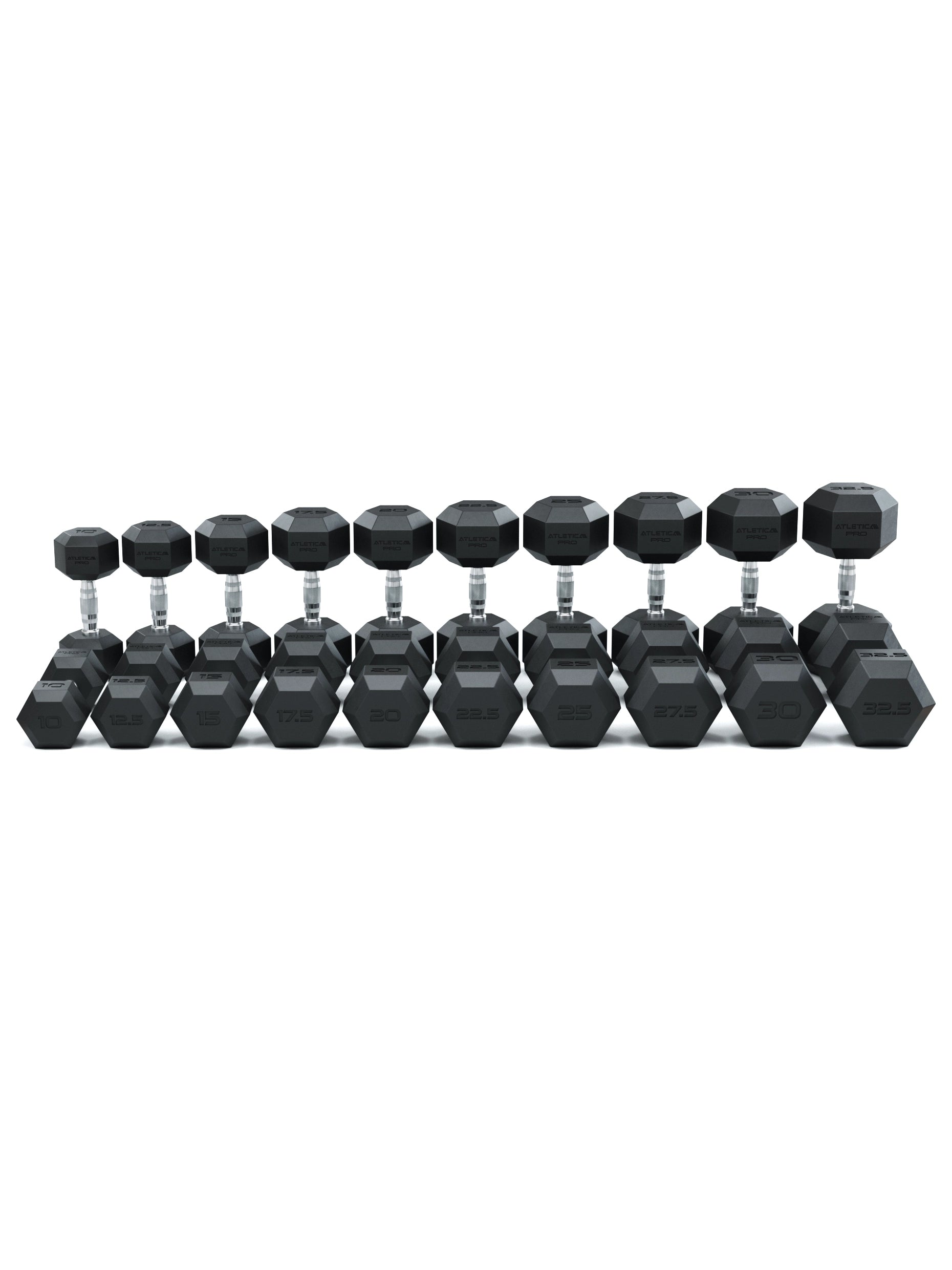 ATLETICA Hexagonhanteln PRO (SET 10 kg - 32.5 kg) | Polyurethan Hexagon Kurzhanteln | Dumbbells Pro - Gewichte mit bikonischem Griff mit Hartchrom Beschichtung | CNC gefräster Stahlkern