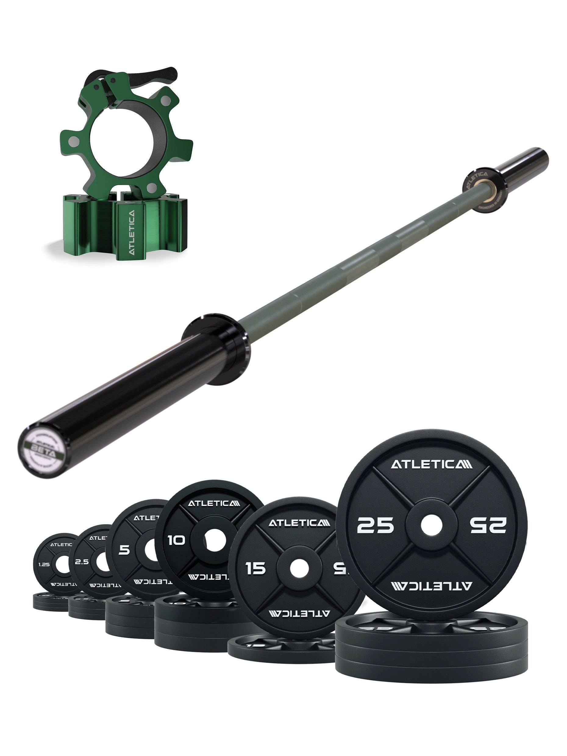 Iron Plates Set 205kg mit Beta Langhantel und Verschlüsse in grün