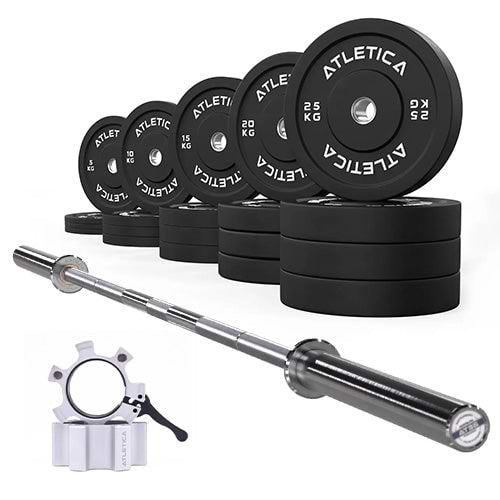 Langhantel Set Beta Chrome I Bumper Plates 300kg I Aluminiumverschlüsse weiß