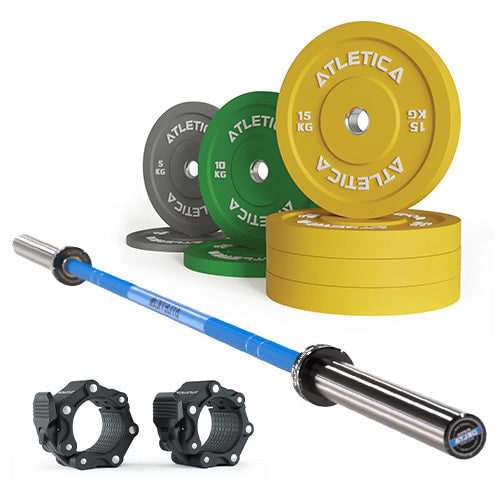 Gryf Delta Electric Blue w zestawie I Kolorowe talerze obciążeniowe Bumper 90 kg I Zaciski Pro do sztangi