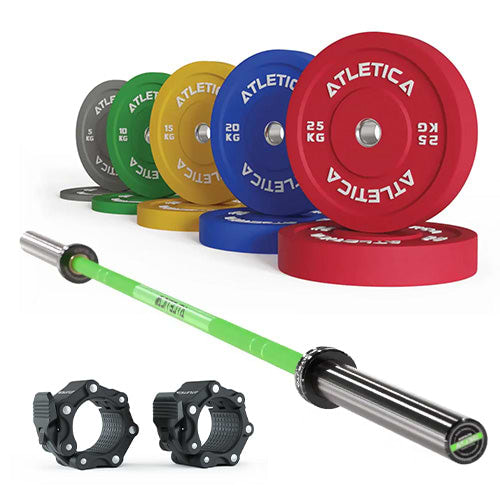 Langhantel Set Delta Electric Green | Color Bumper Plates 150kg | Pro Verschlüsse