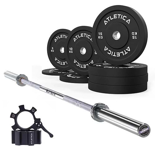 Gryf Omega w zestawie I Czarne talerze obciążeniowe Bumper 90 kg I Zaciski aluminiowe do sztangi