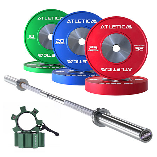 Langhantel Omega mit 110 kg Competition Plates und Aluminiumverschlüssen in Grün