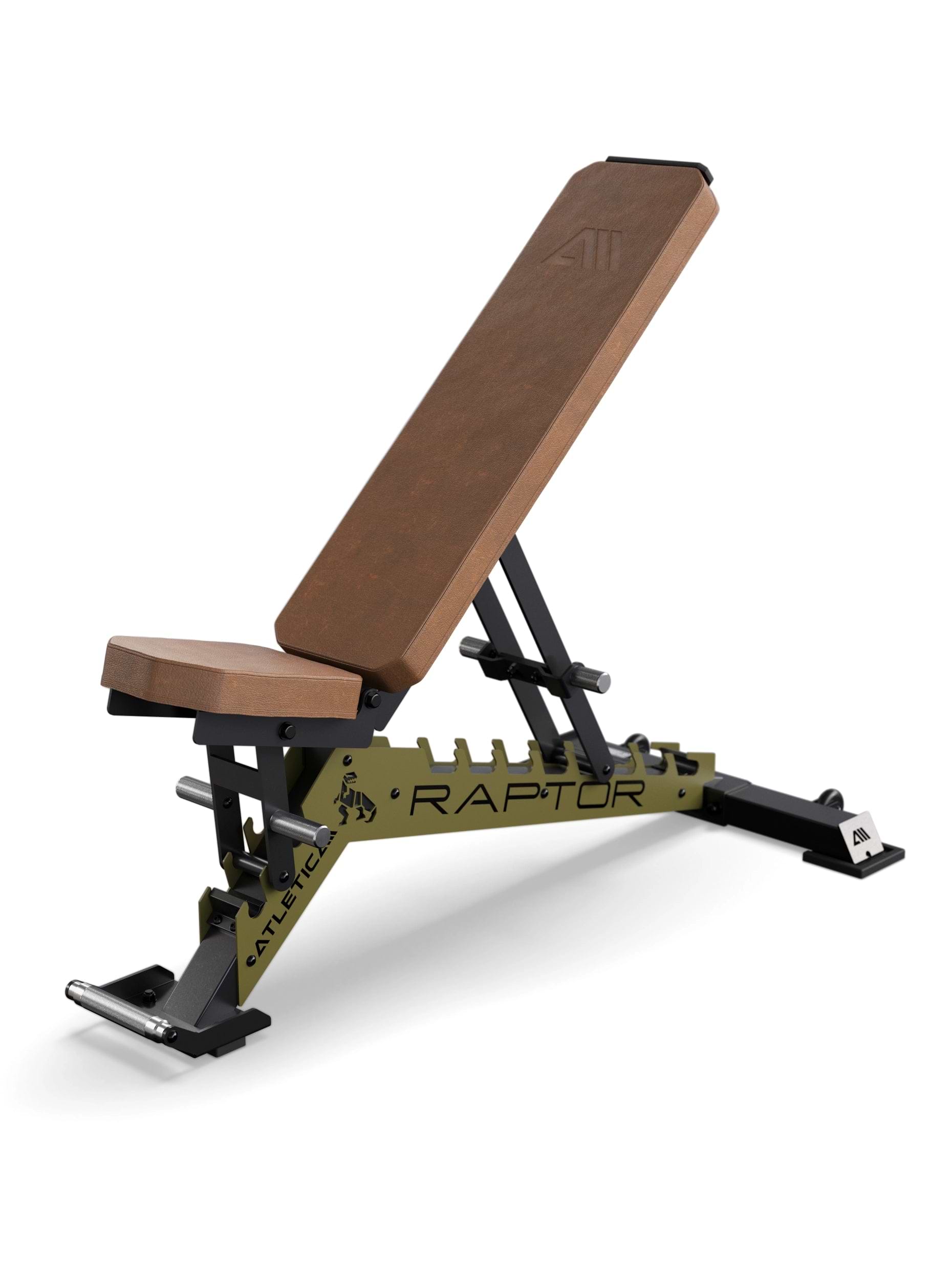 Verstellbare Raptor Hantelbank von ATLETICA mit hochwertigem braunem Lederbezug und Military Green Rahmen im Seitenprofil