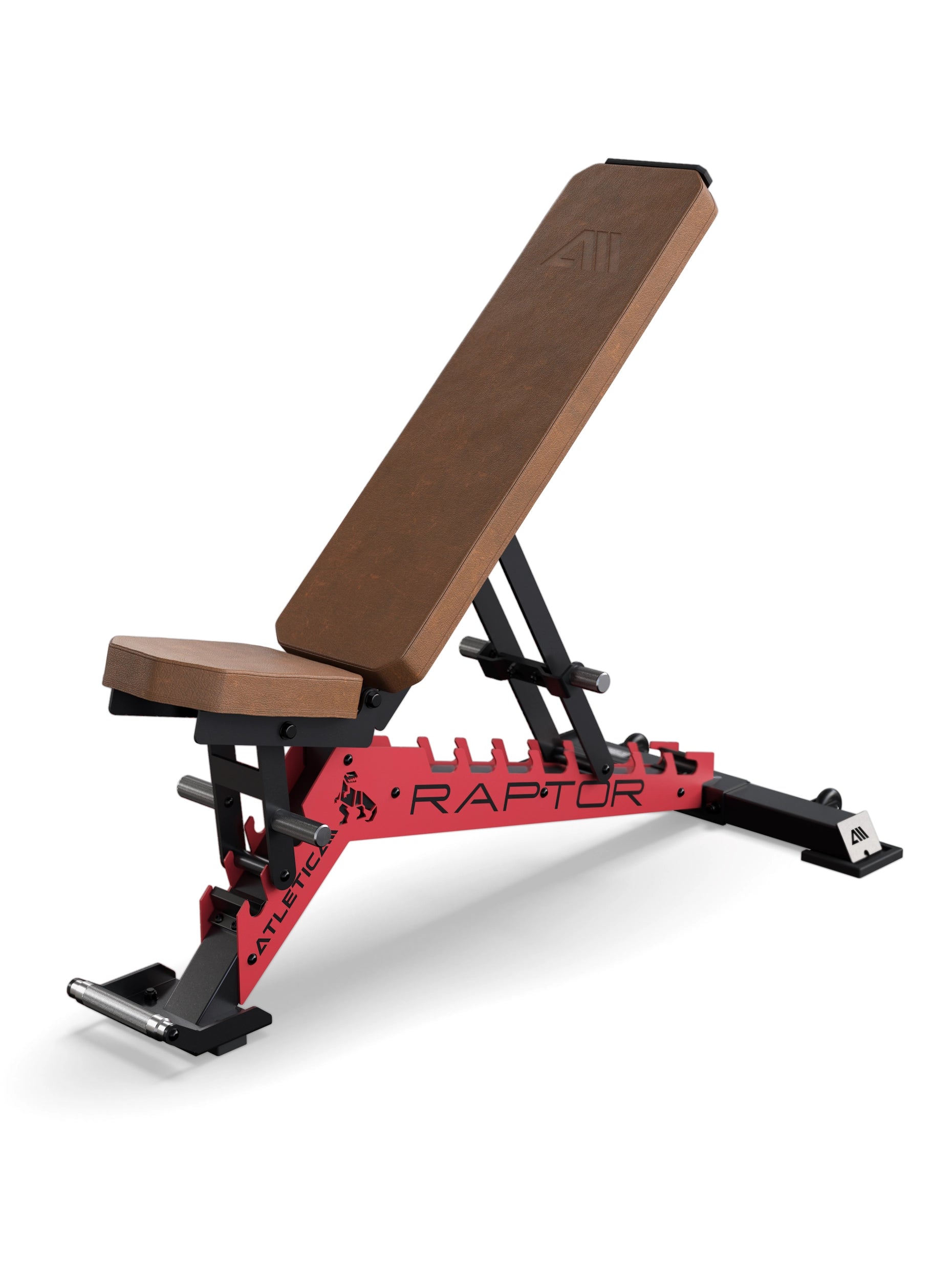 Verstellbare Raptor Hantelbank von ATLETICA mit hochwertigem braunem Lederbezug und rotem Rahmen im Seitenprofil