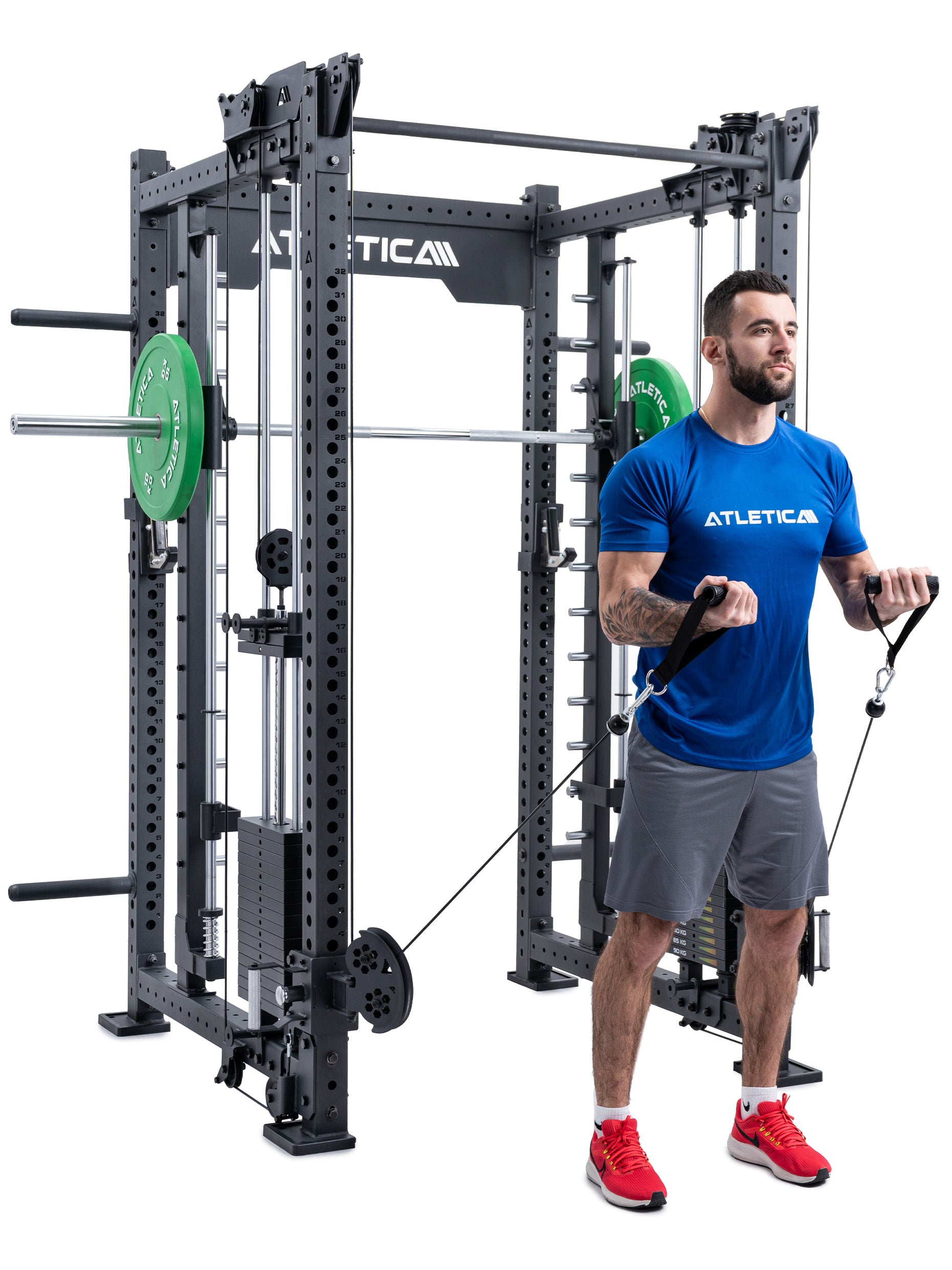 Power Cage R8-Bradley Kabelzug Station: Power Rack mit Seilzug und 2x90kg seitlichen Gewichtsblocks | Modular ausbaubar mit Multipresse und Jammer Arms 