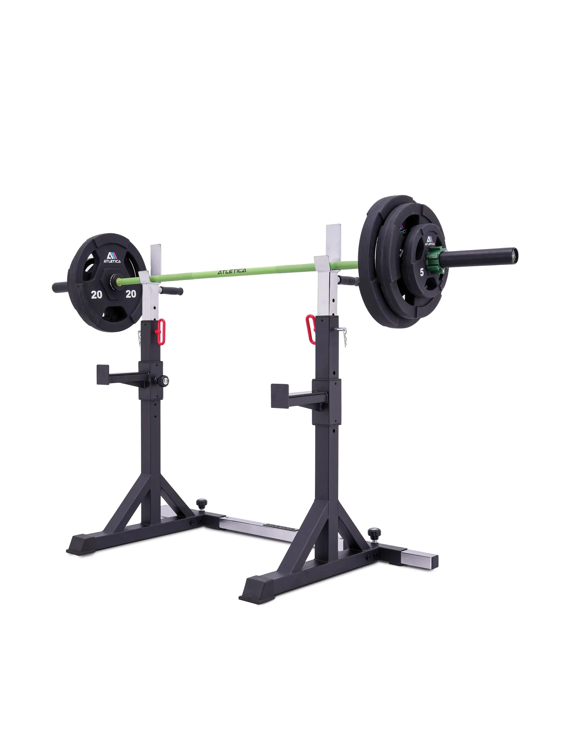 Kraftgerät Kompakter Kniebeugenständer Twin Free Stands – Höhenverstellbar 113-163 cm, leichtes Gewicht von 33 kg, beeindruckende Traglast bis zu 250 kg und inklusive Notablagen.