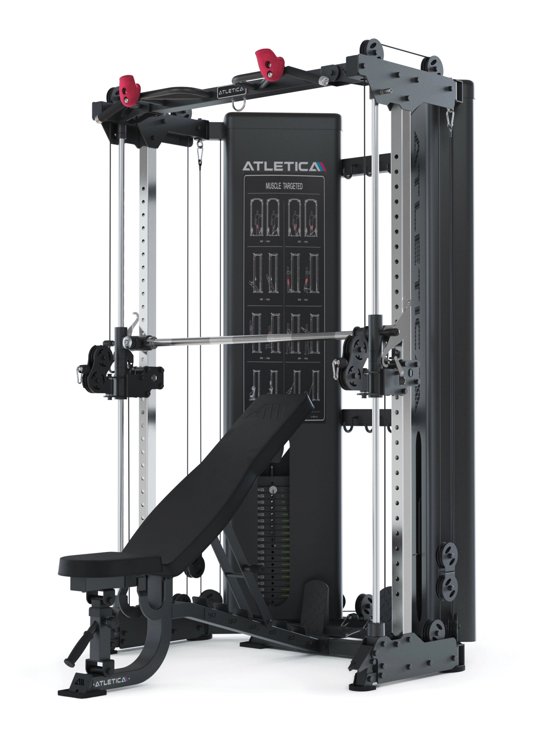 X-Pollux Functional Trainer & Smith Machine mit Steckgewichten | sehr platzsparend, Training ohne Hantelscheiben, mit Hantelbank 