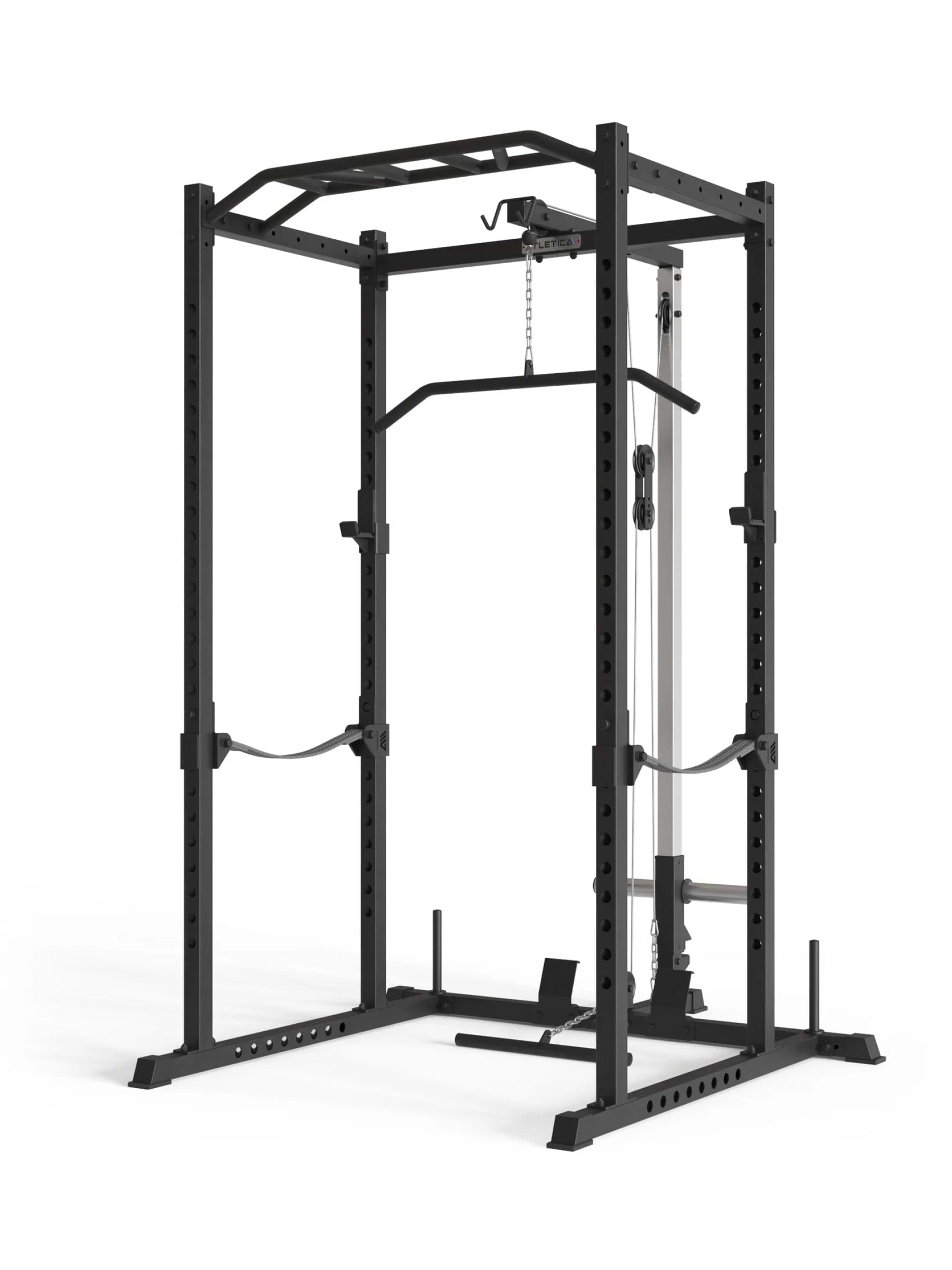 Power Rack mit Latzug Vega R5 Serie: Multi-Grip Pull-Up Bar, Pin-and-Pipe-Safeties, J-Hooks und Weight-Pins, ideal für Fitnesstraining mit Gewichten und Hantelbank,