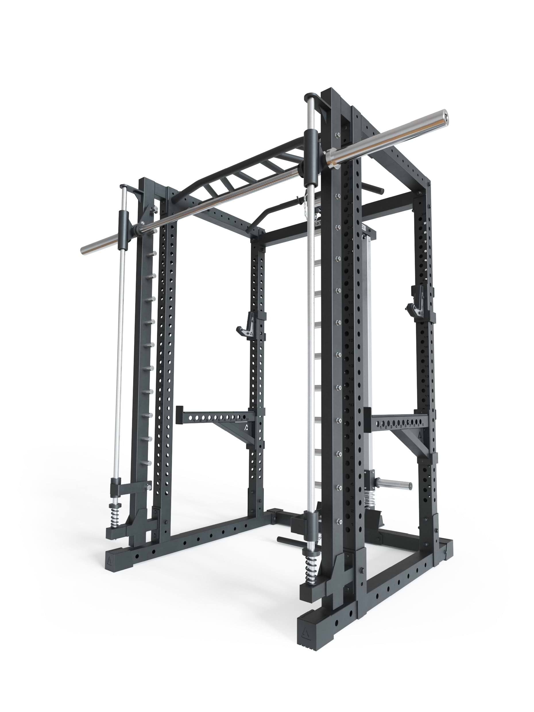 Power Rack R7-Forge: Squat Rack mit Smith Machine | Latzug & Langhantel | Smith kann optional vor oder hinter dem Rack angebracht werden,