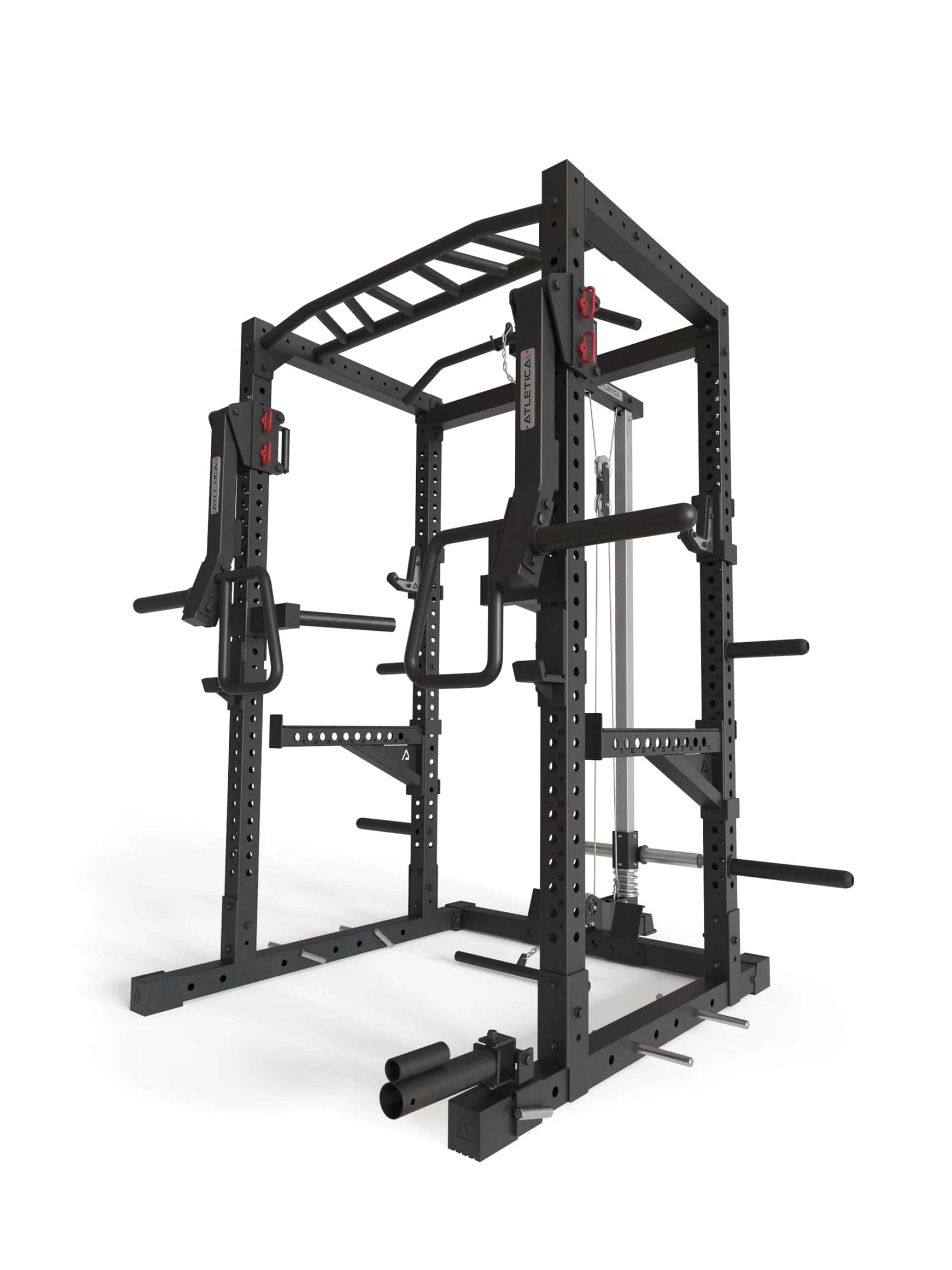 Power Rack R7-Kano: Squat Rack mit Latzug | Ruderstation | Jammer Arms | Klimmzugstange | Dip Bar | Landmine | J-Hooks, Weight-Pins & Band Pegs | in zwei Höhen verfügbar,