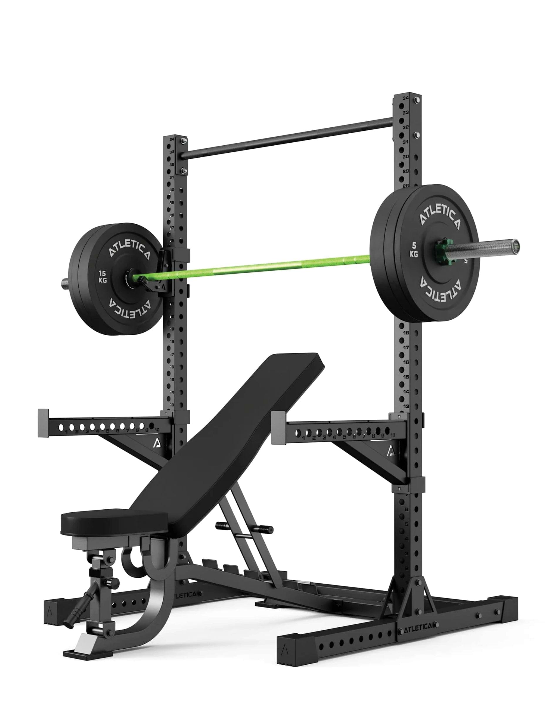 Power Rack Squat Storm Set R7: Half Rack mit Hantelbank | Hantelstange | 70 kg Bumper Plates | Collars | Pull-Up Bar | Spotter Arms | J-Hooks inkl.