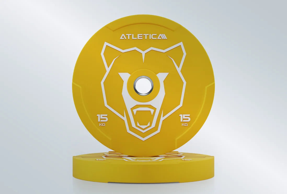 Animal Bumper Plates 15kg in gelb: Drei Griffmulden am Plattenrand für Ergonomie und besseres Handling