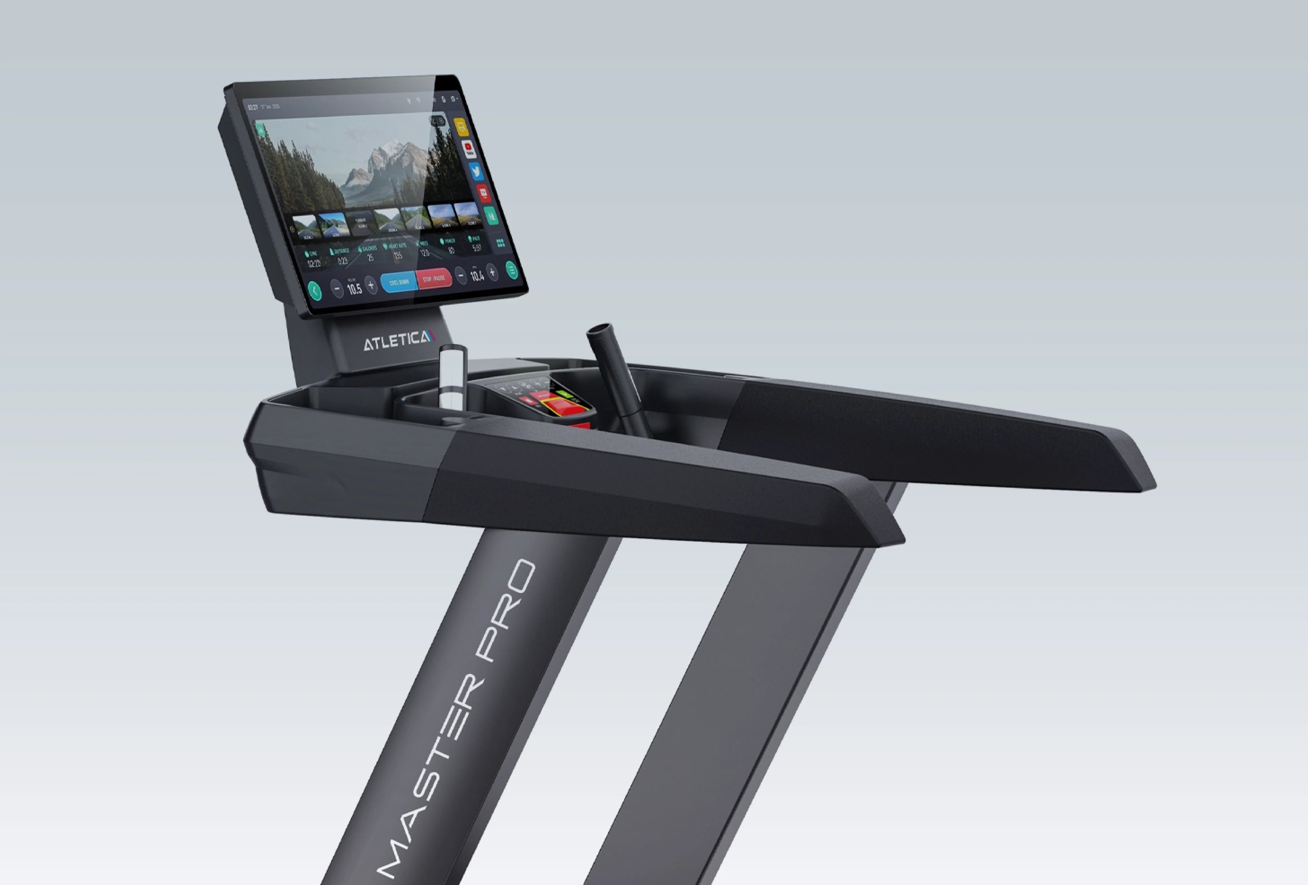 Laufband Sprintmaster Pro: Integriertes 26" TFT Android Display mit Apps (Netflix, YouTube, Spotify) und kabellosem Laden per NFC