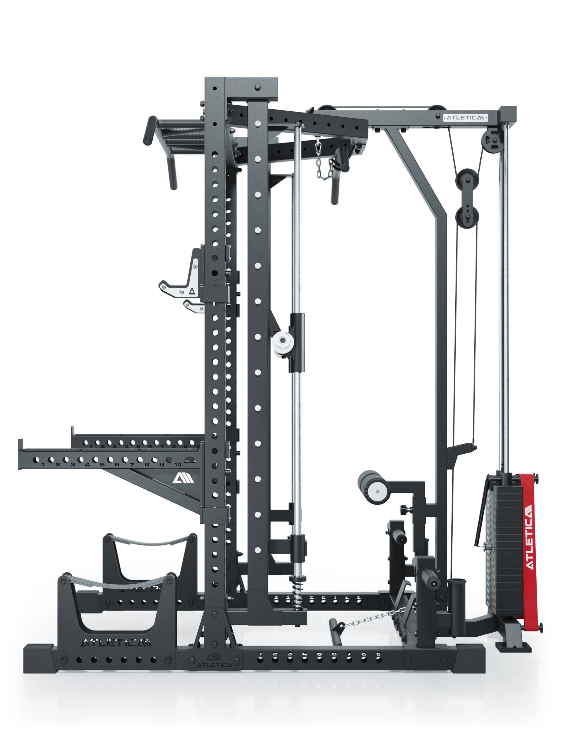 Squat Rack R7 Serie: mit Multipresse und 125kg Latzug Nemesis 70x70 Uprights 