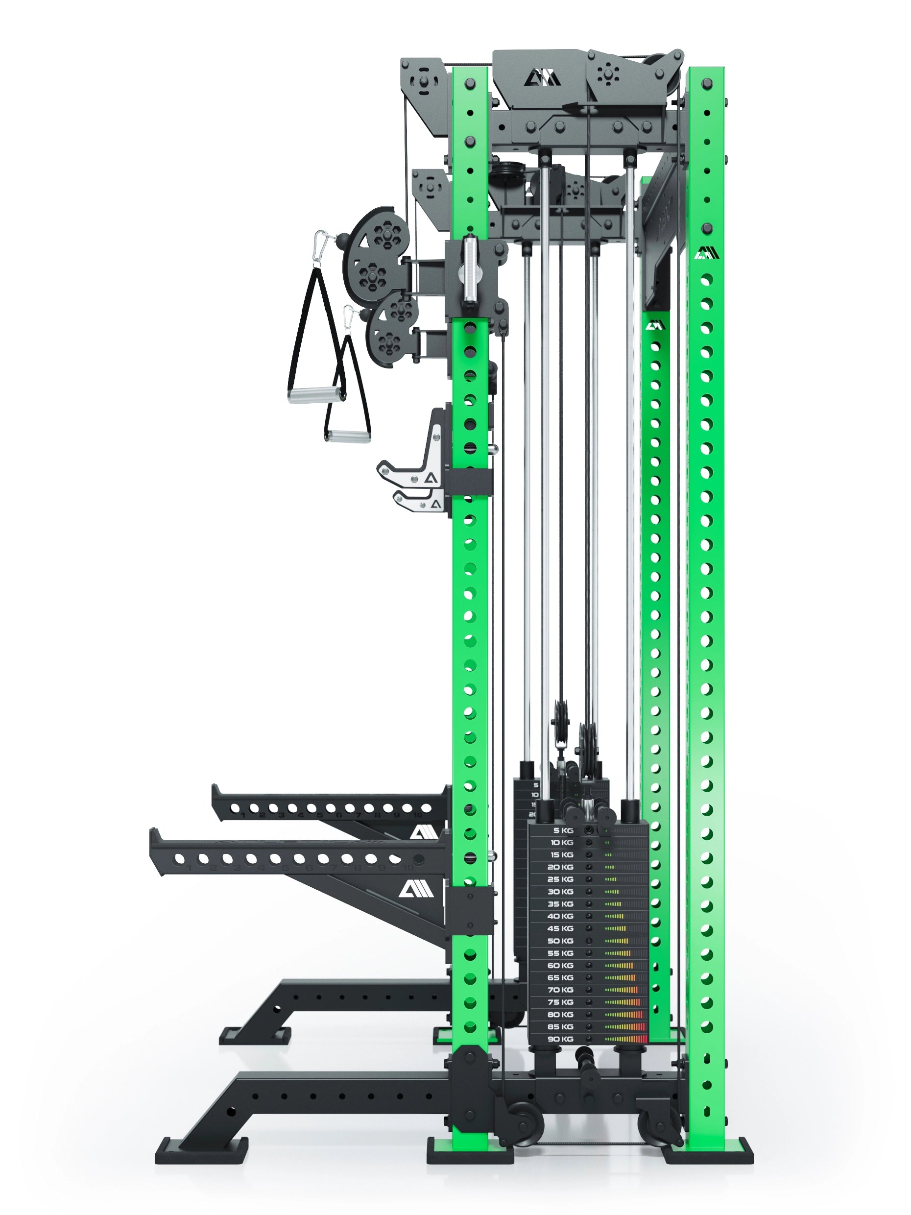 Power Rack R8-Bradley Kabelzug Station: Power Rack mit Seilzug und 2x90kg seitlichen Gewichtsblocks | Modular ausbaubar mit Multipresse und Jammer Arms | 