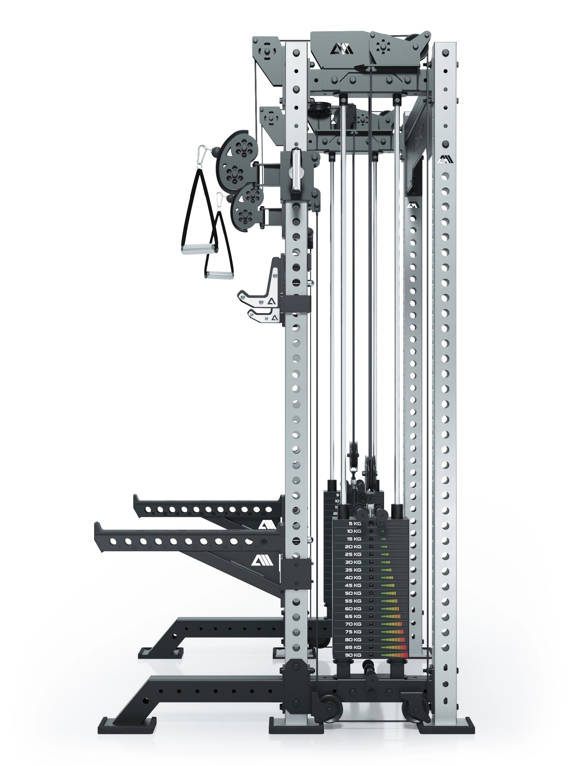 Power Rack R8-Bradley Kabelzug Station: Power Rack mit Seilzug und 2x90kg seitlichen Gewichtsblocks | Modular ausbaubar mit Multipresse und Jammer Arms | 