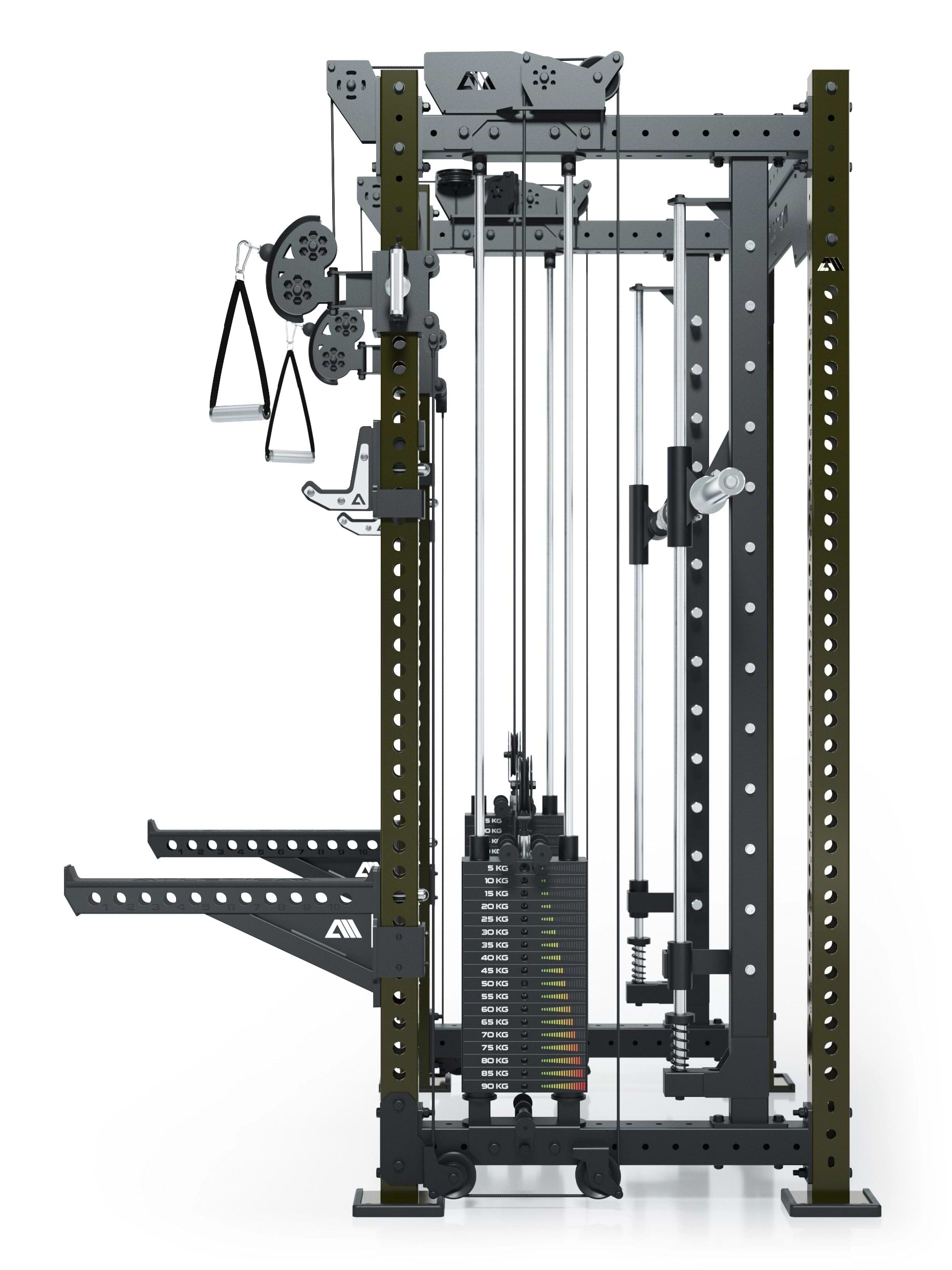 Dualer Kabelzug mit 2x95kg seitlichen Gewichtsblöcken | Sehr stabil | Modular ausbaubar mit Anbauteilen wie Jammer Arms I Military Green